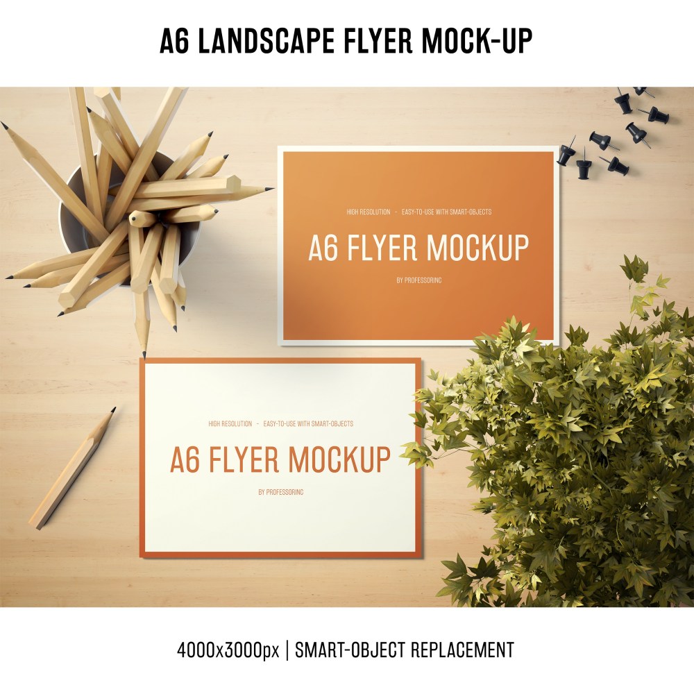 A6 landscape flyer mock-up with wooden pencils