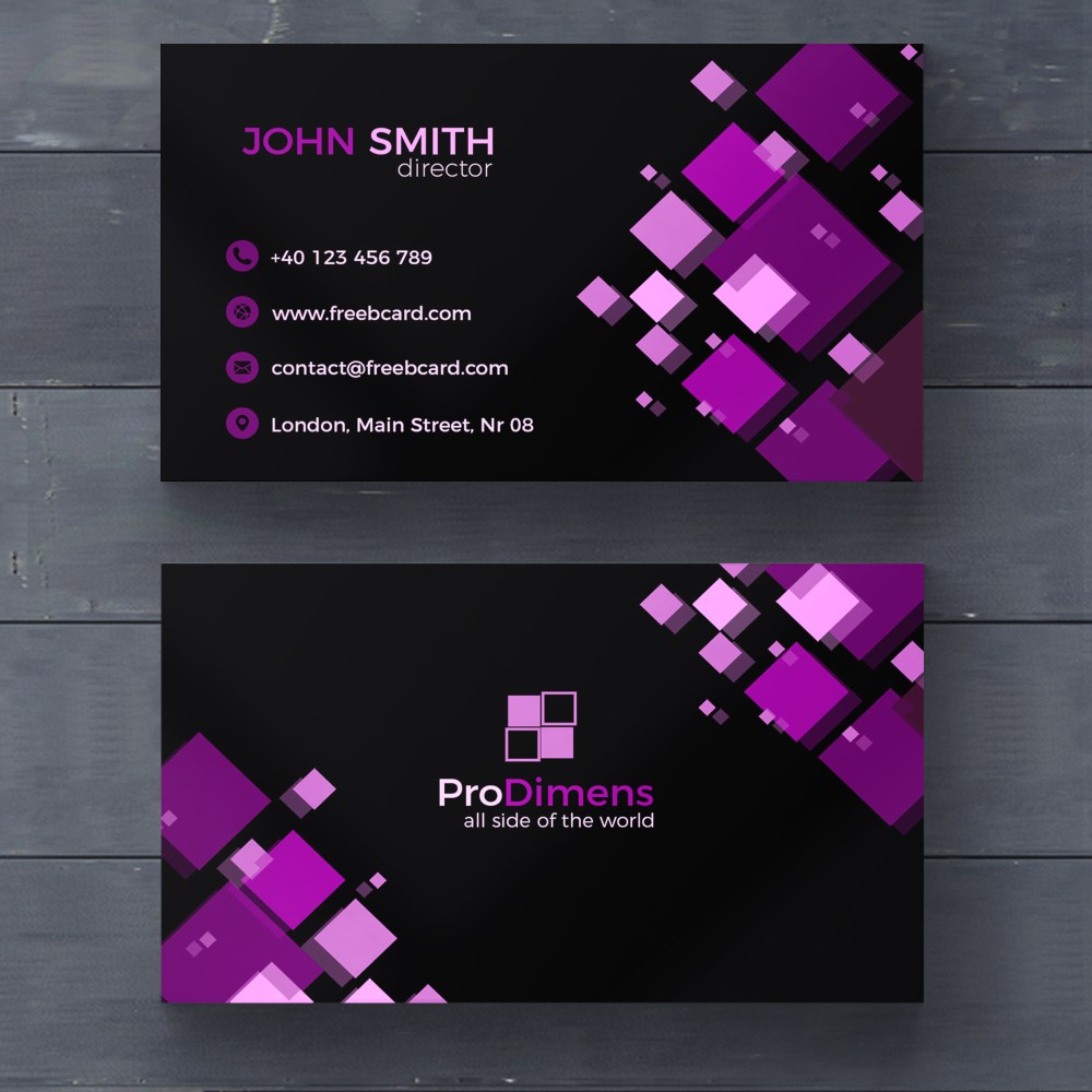 Black business card with purple squares