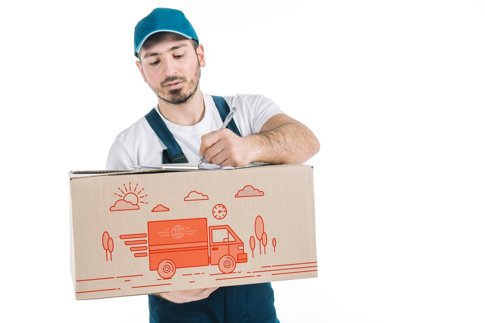Delivery mockup with man holding box