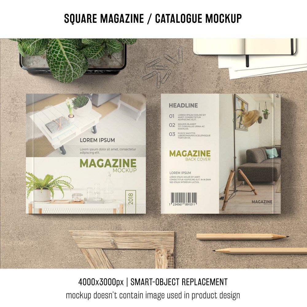 square magazine or catalogue mockup on table