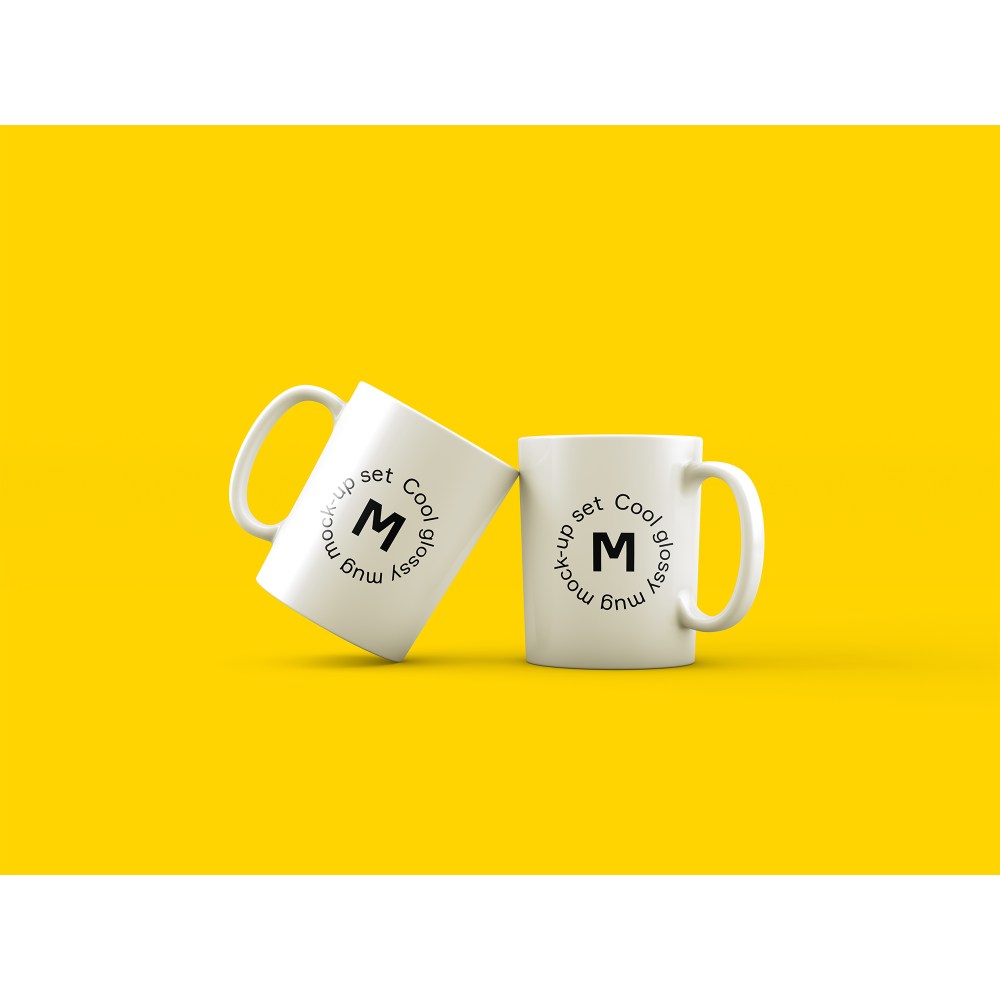 Two mugs on yellow background mock up