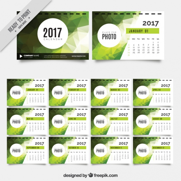 2017 calendar with green geometric shapes