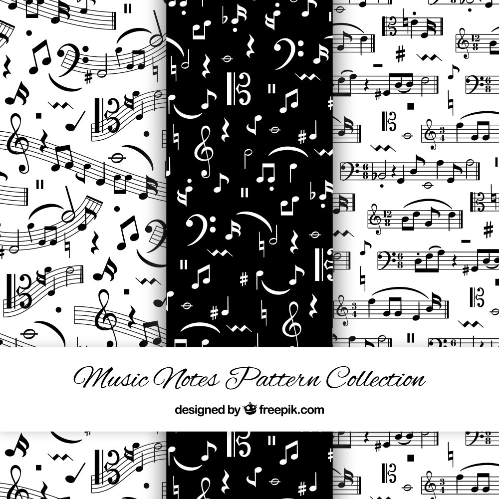 Black and white patterns with musical notes