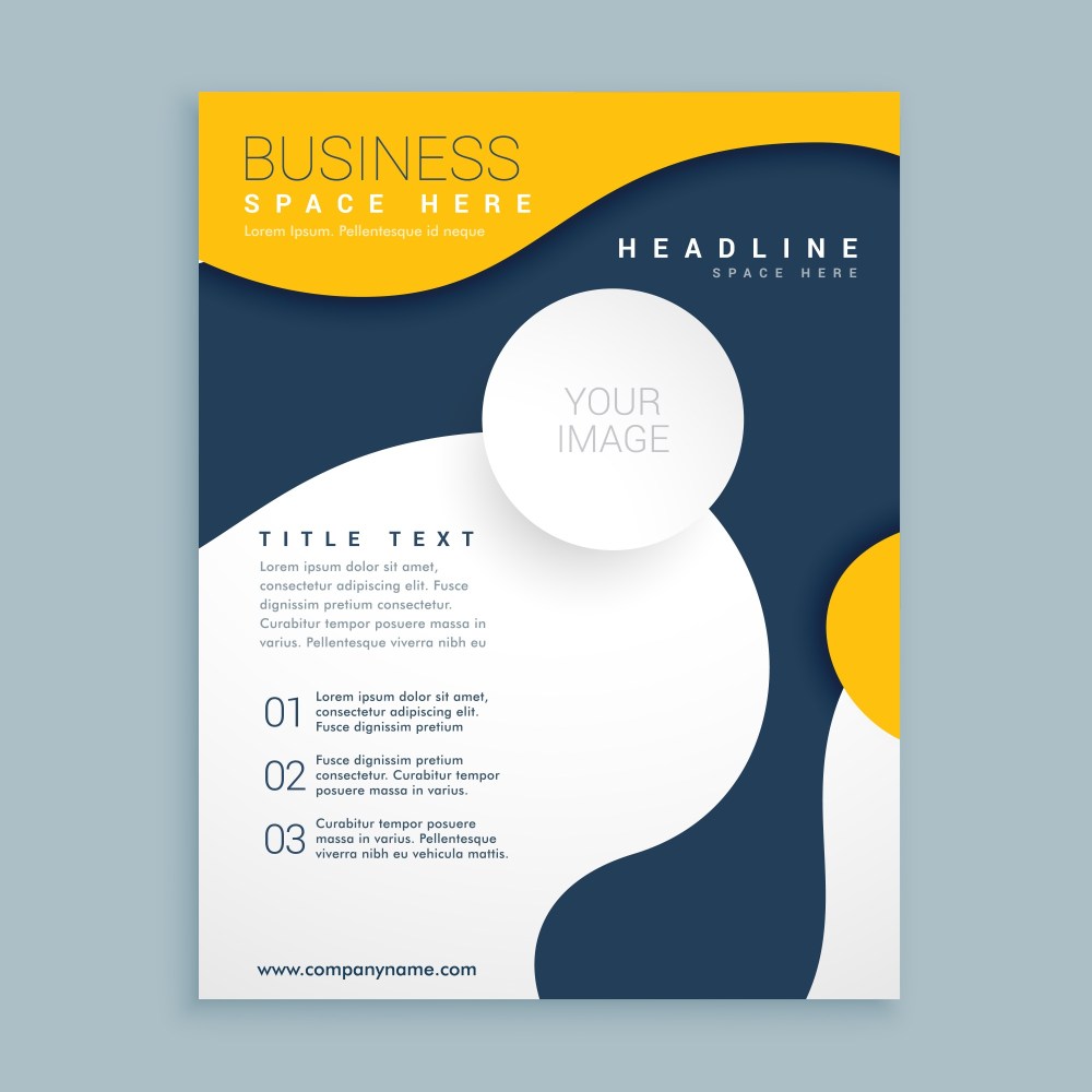 Blue and yellow brochure with wavy shapes