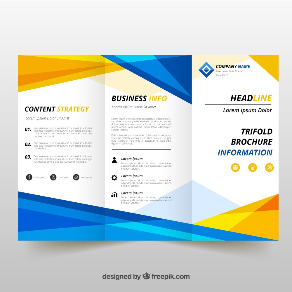 Blue and yellow trifold brochure
