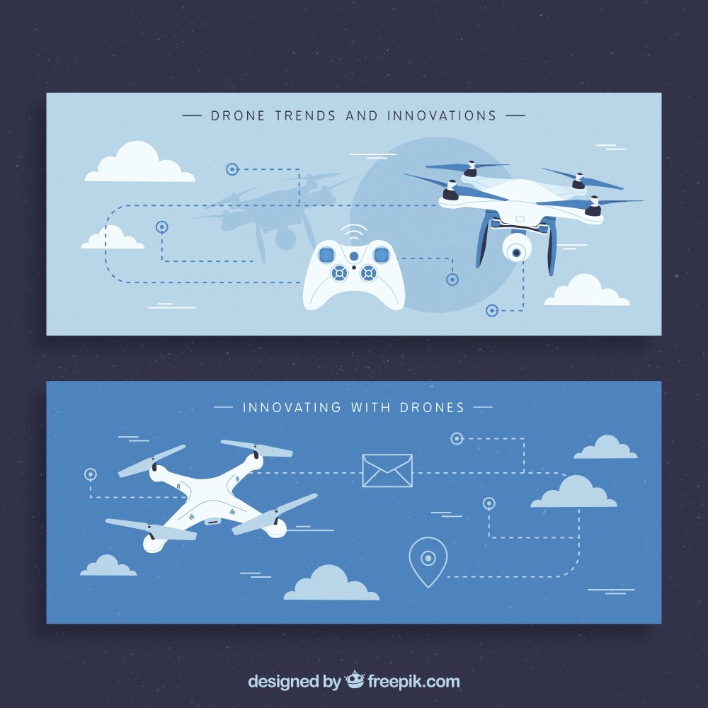 Blue banners with modern drones