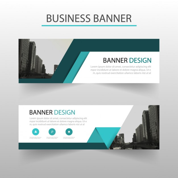 Blue geometric banner with ribbons
