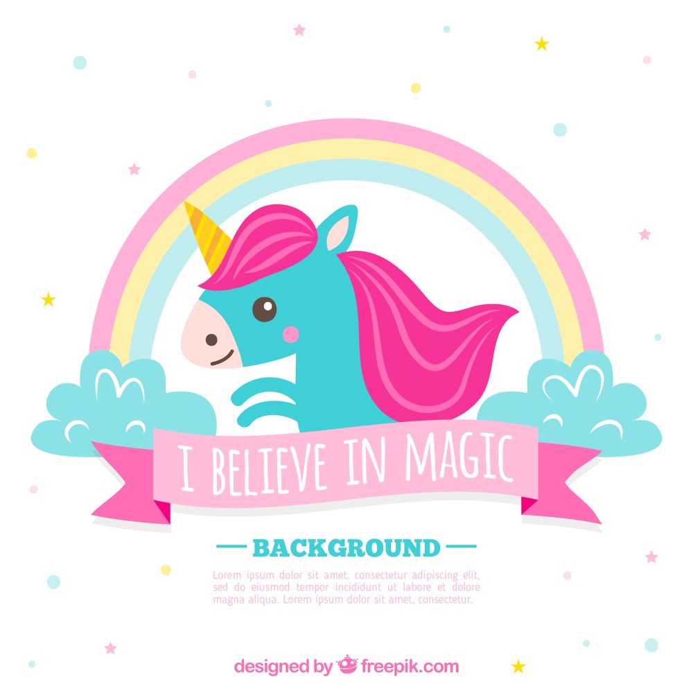 Blue unicorn background with rainbow