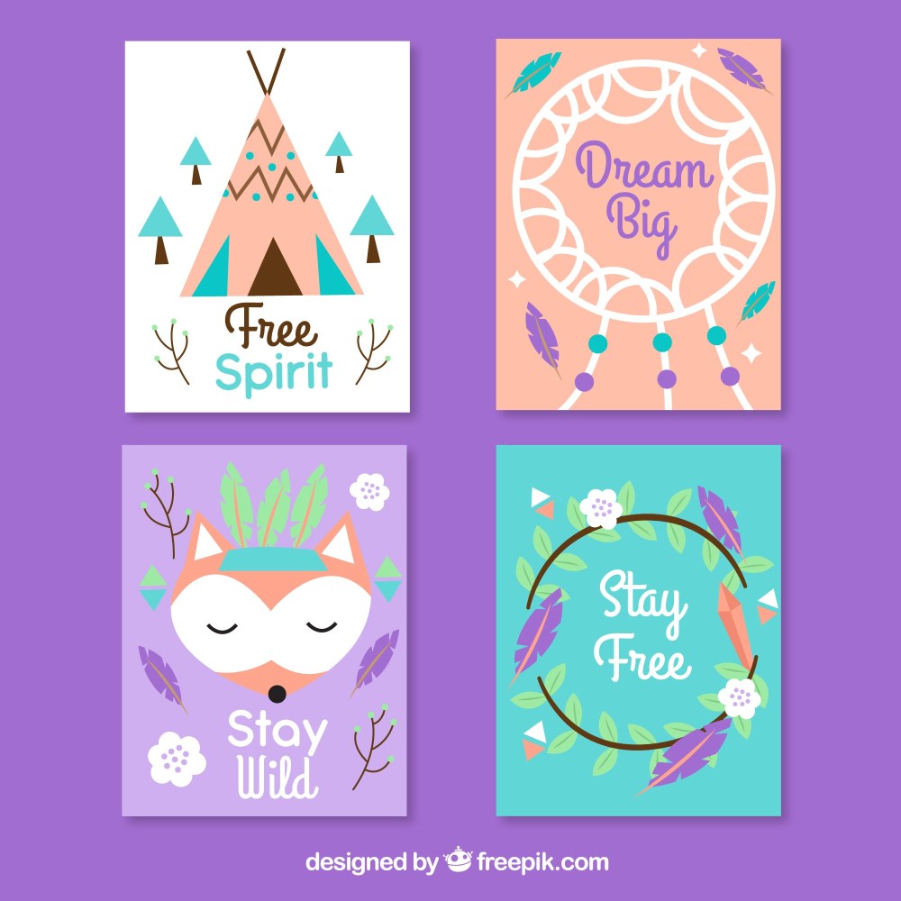 Boho cards collection with hippie elements