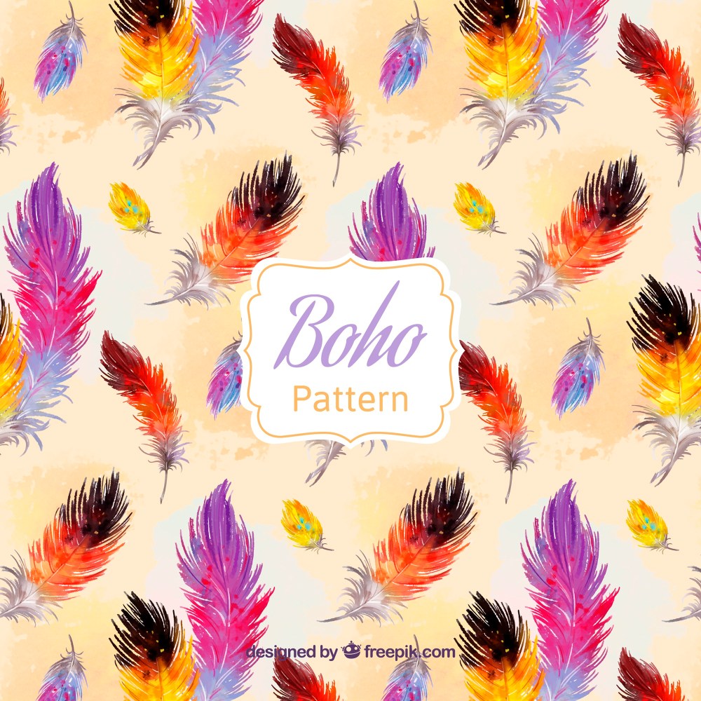 Boho pattern with watercolor feathers