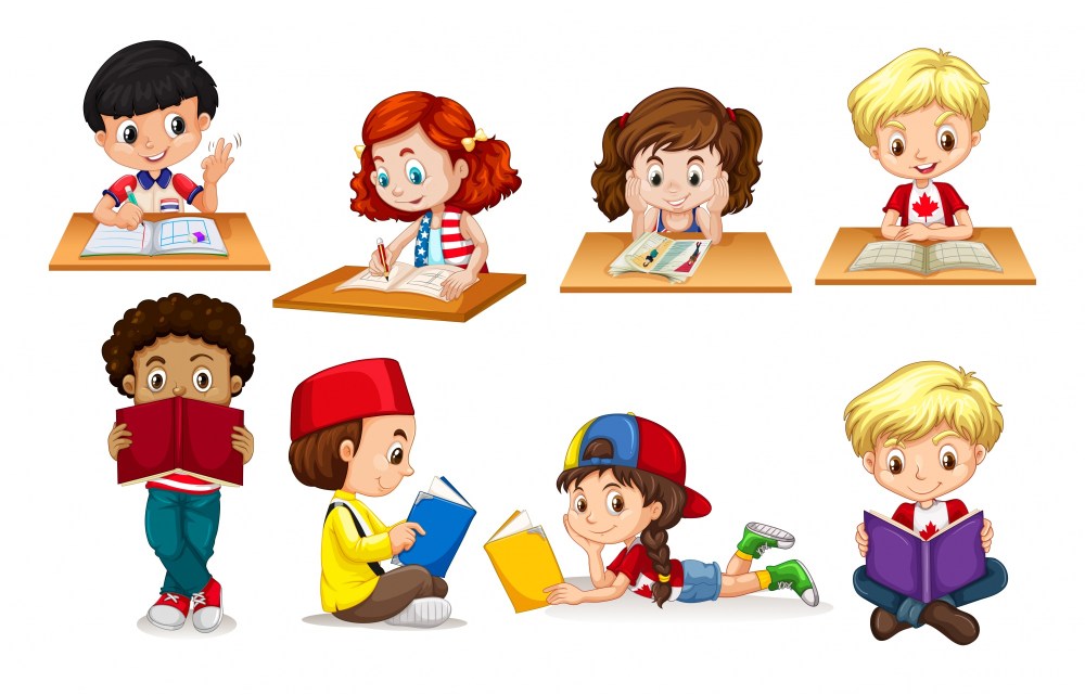 Boy and girl reading and writing illustration