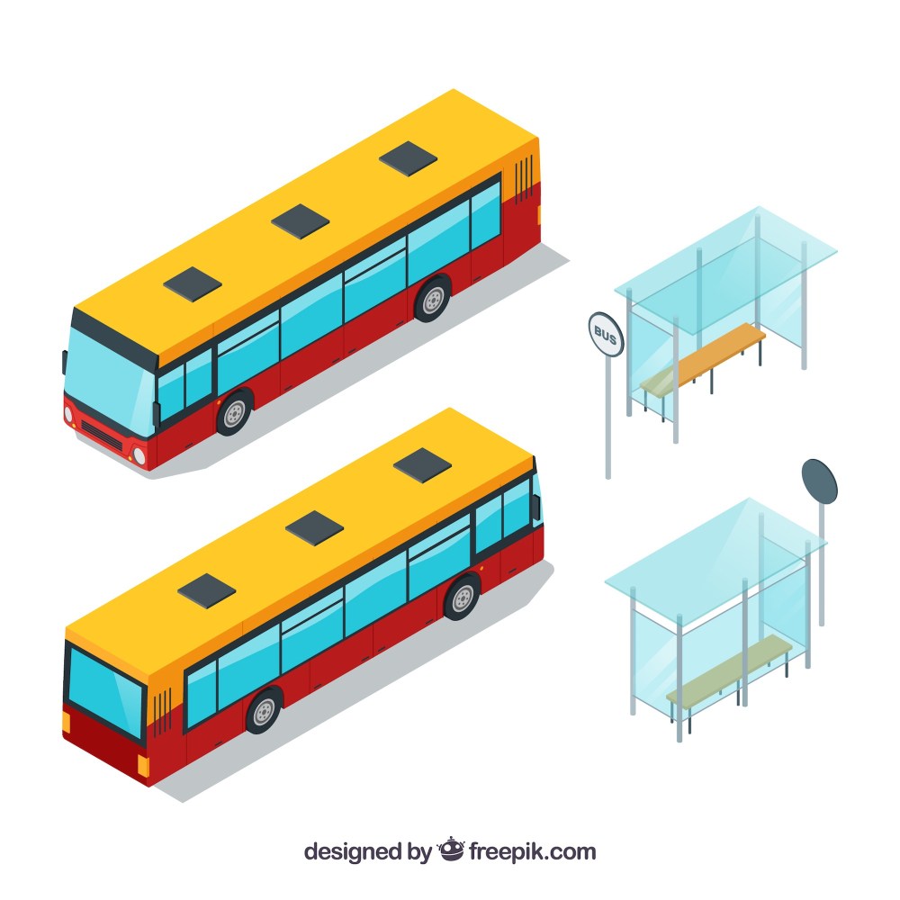Bus stops with buses in isometric style