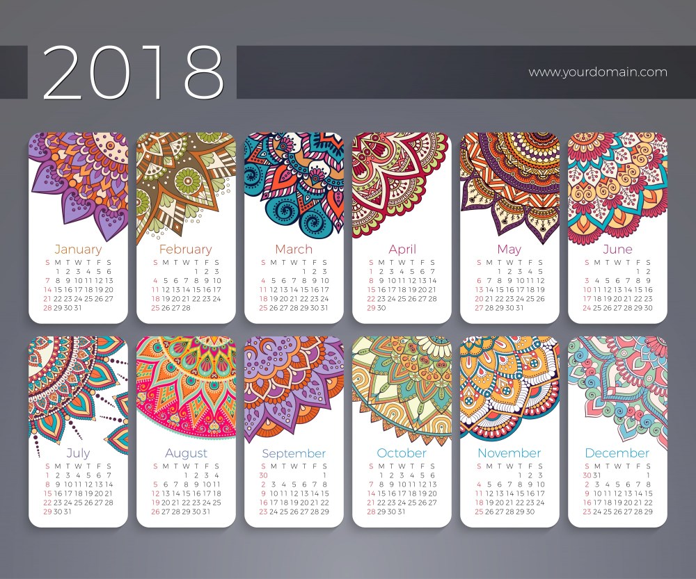 Calendar 2018. Vintage decorative elements