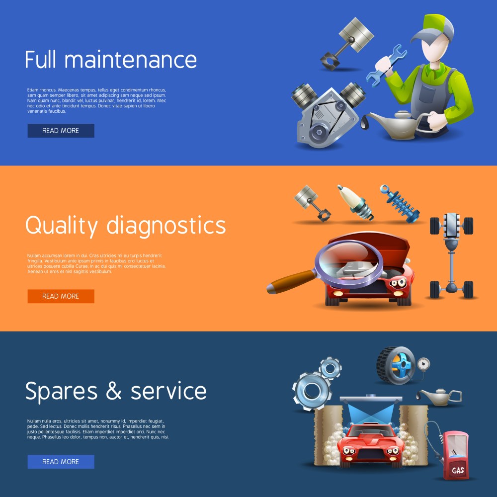 Car Repair Cartoon Banners Set