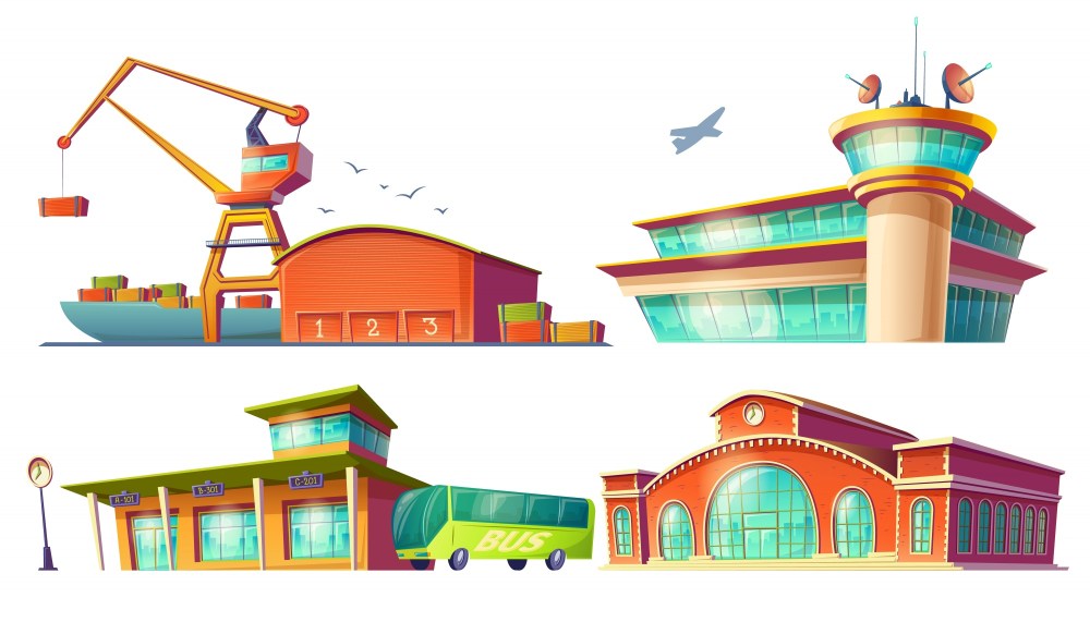 Cartoon icons of bus station, airport, sea port