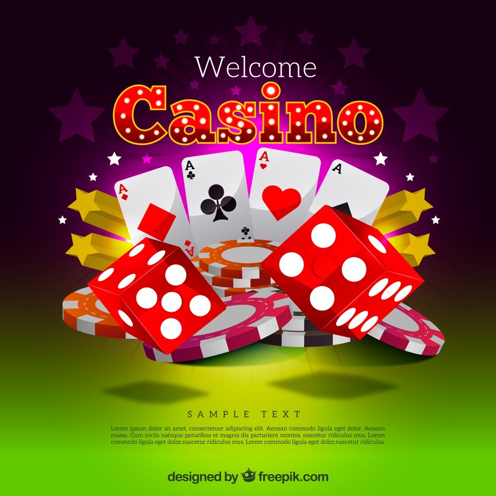 Casino background with red dice and cards