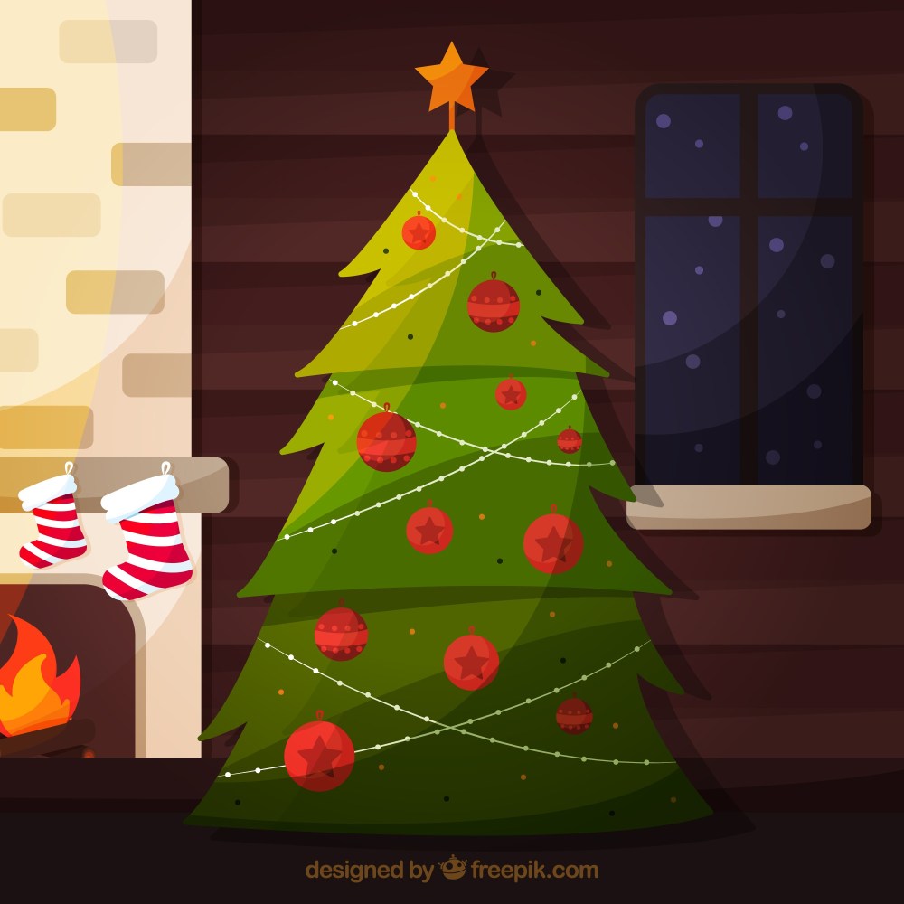 Christmas tree by the fireplace