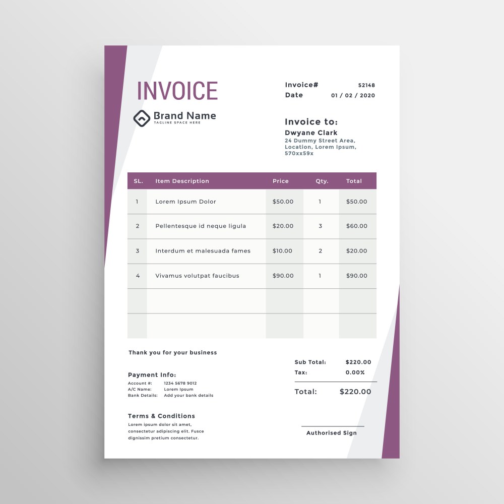 clean purple business invoice template design