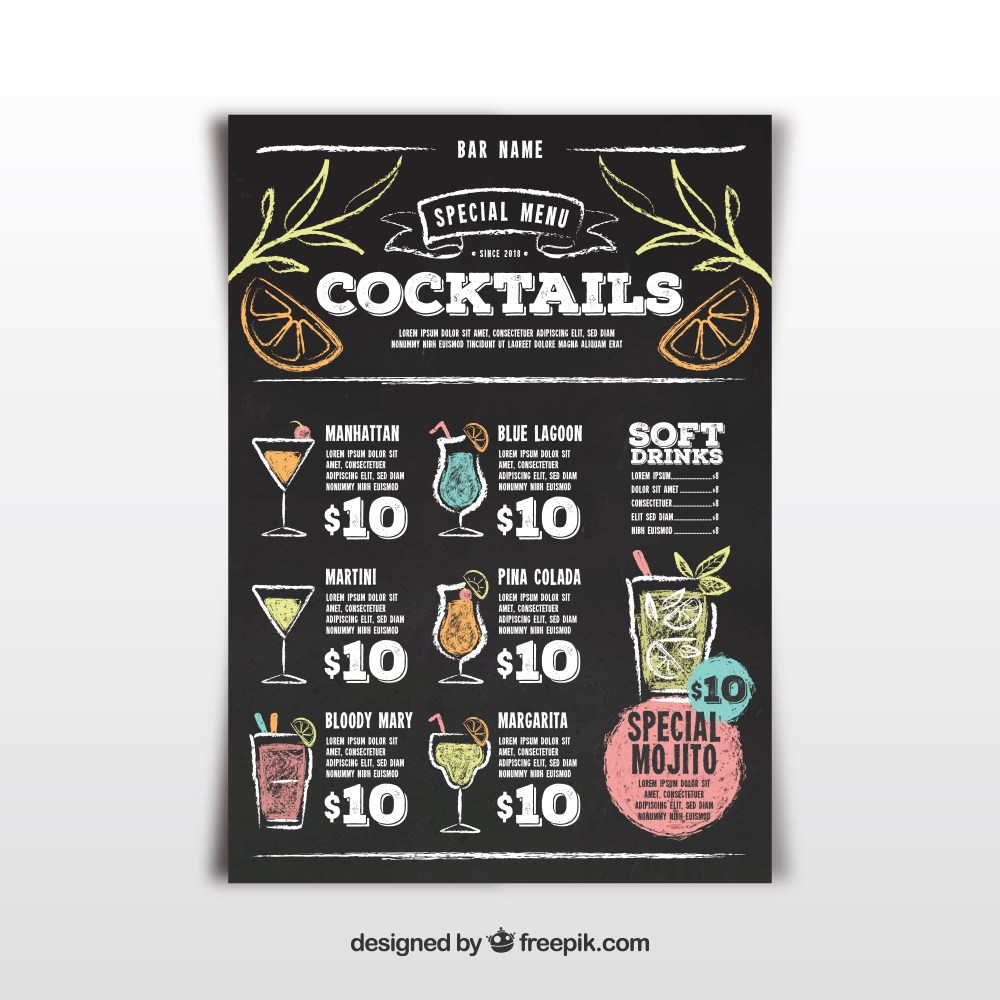 Cocktail bar menu in blackboard style