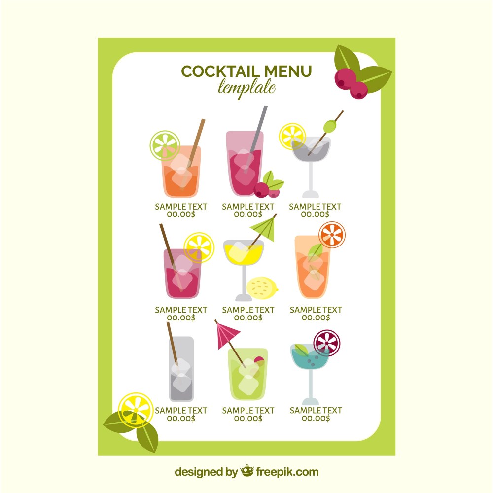 Cocktail menu template in flat design