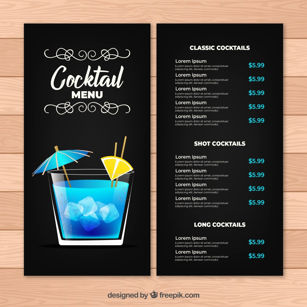 Cocktail menu template with flat design