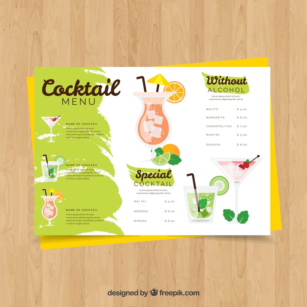Cocktail menu template with flat design