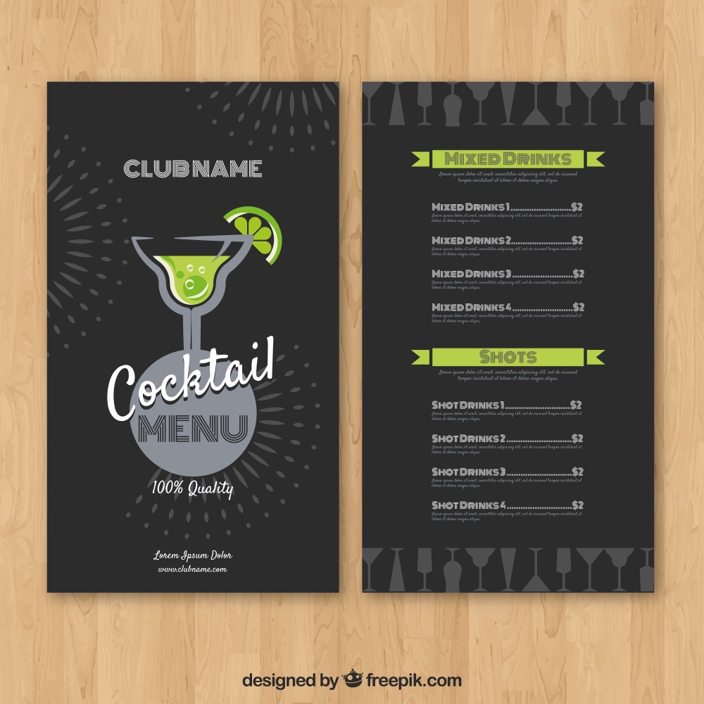 Cocktails menu template in flat style