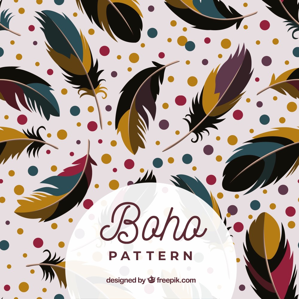 Colorful boho pattern with flat feathers