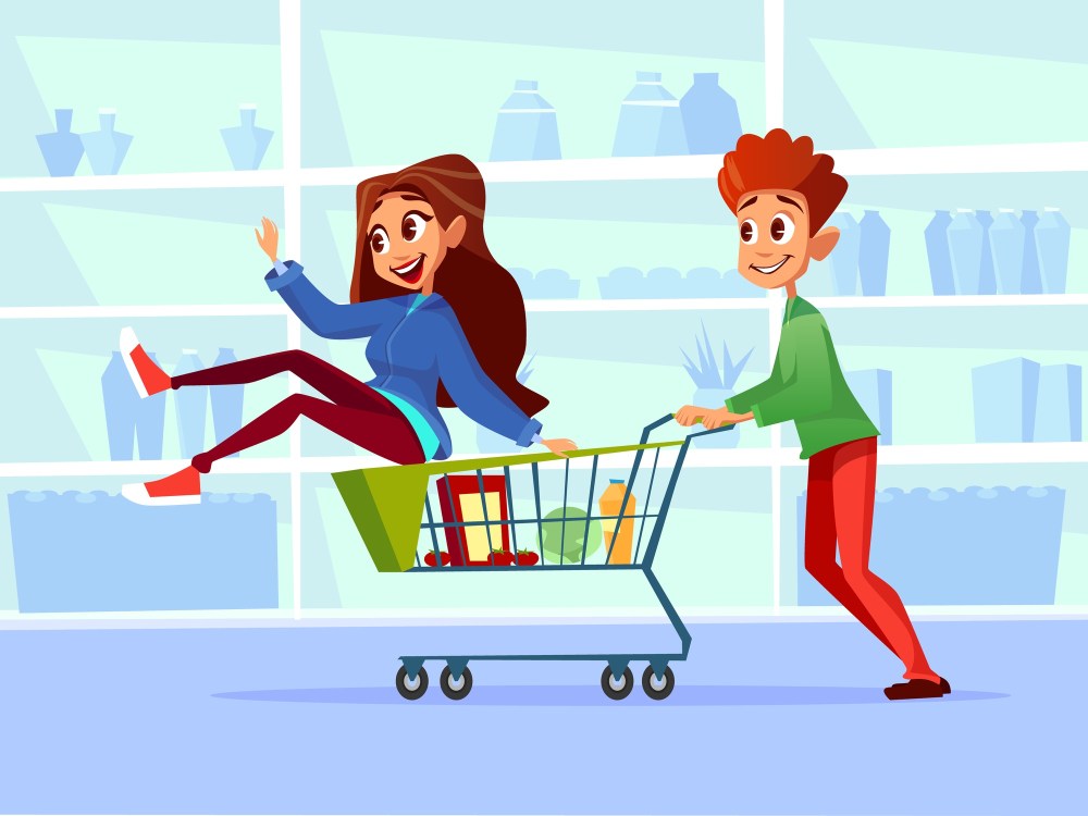 Couple riding supermarket shopping cart. 