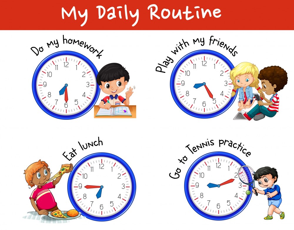 Daily routine of many children with clocks