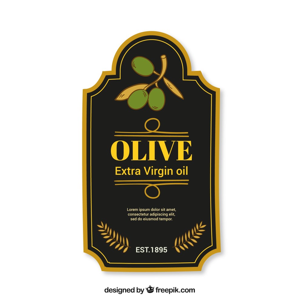 Dark olive oil label with golden frame