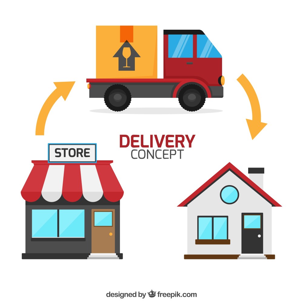 Delivery concept with house, shop and truck