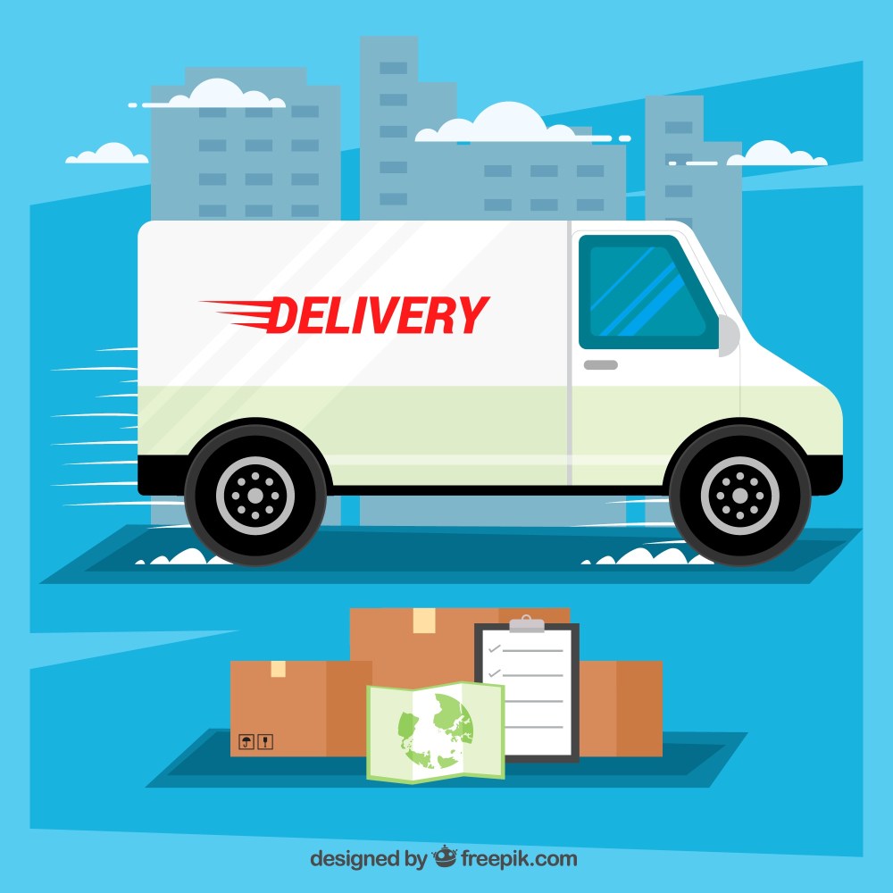 Delivery concept with truck, boxes and map