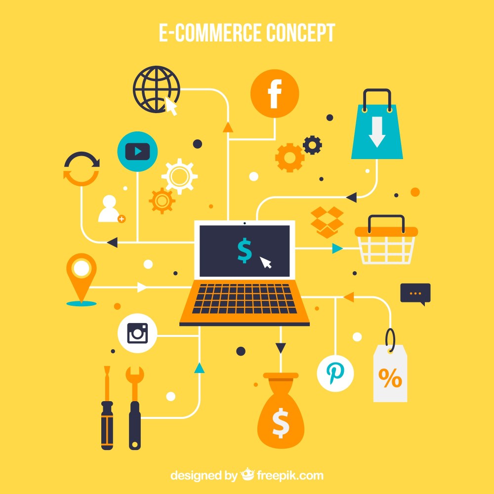 E-commerce concept with laptop and icons