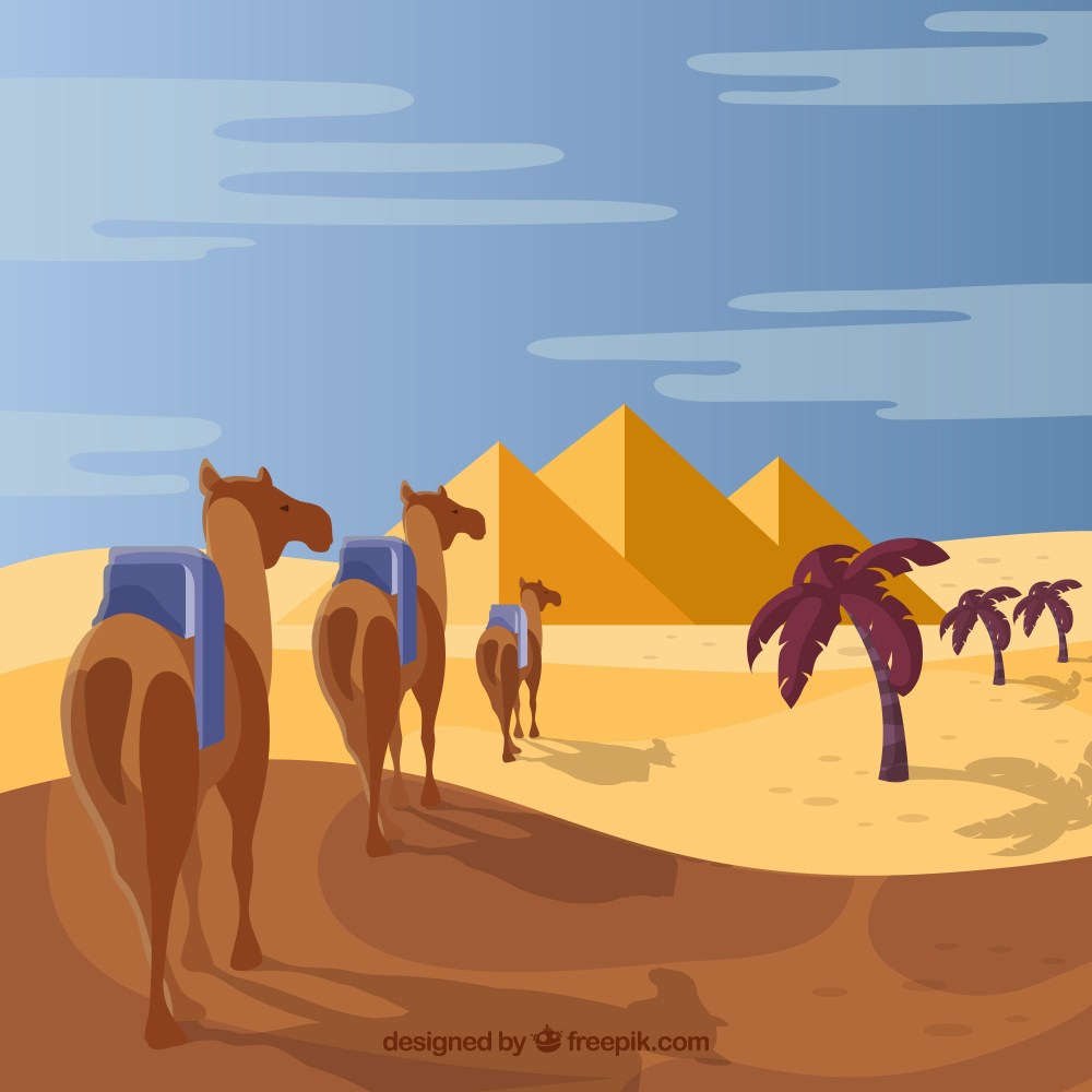 Egypt landscape with pyramids and caravan