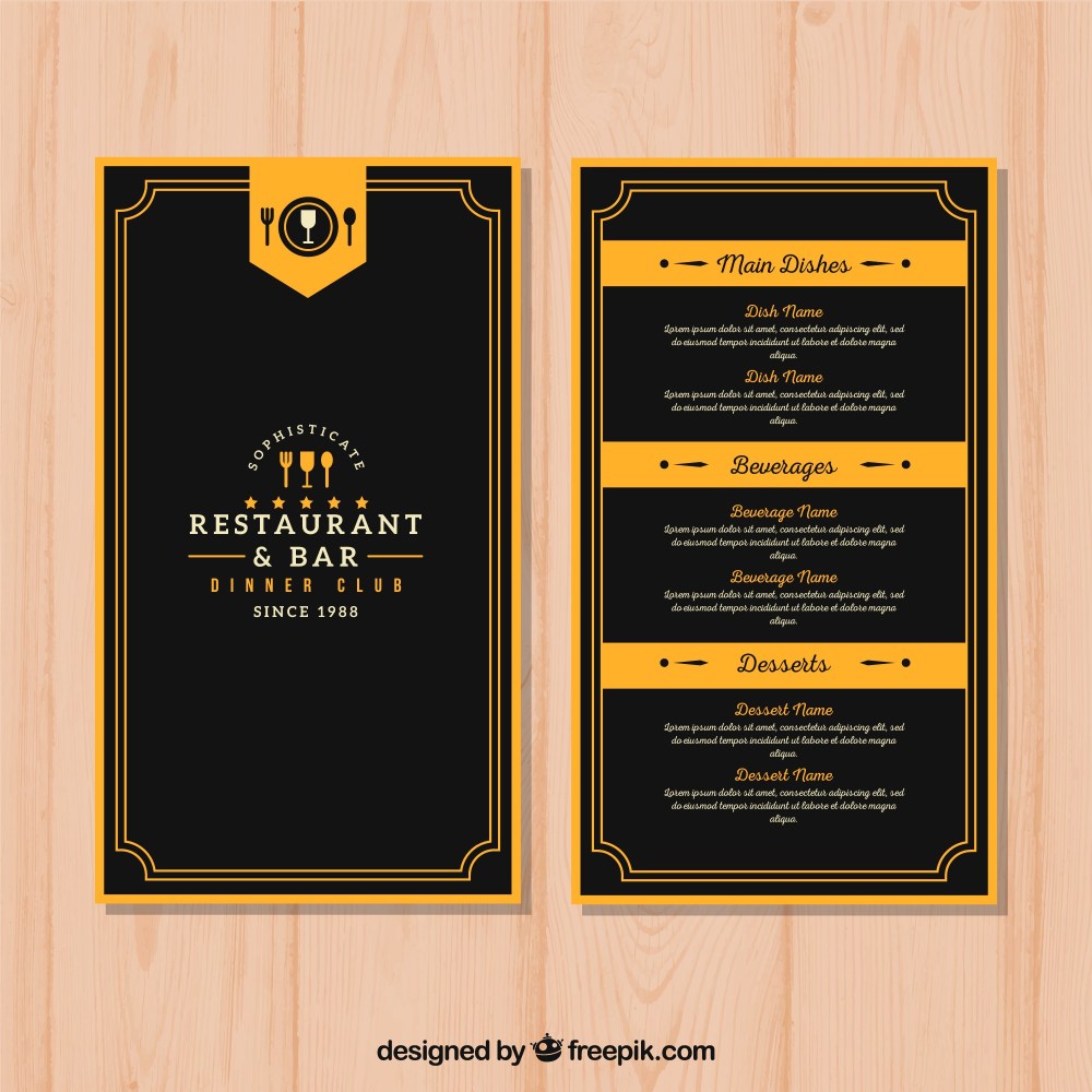 Elegant black restaurant menu