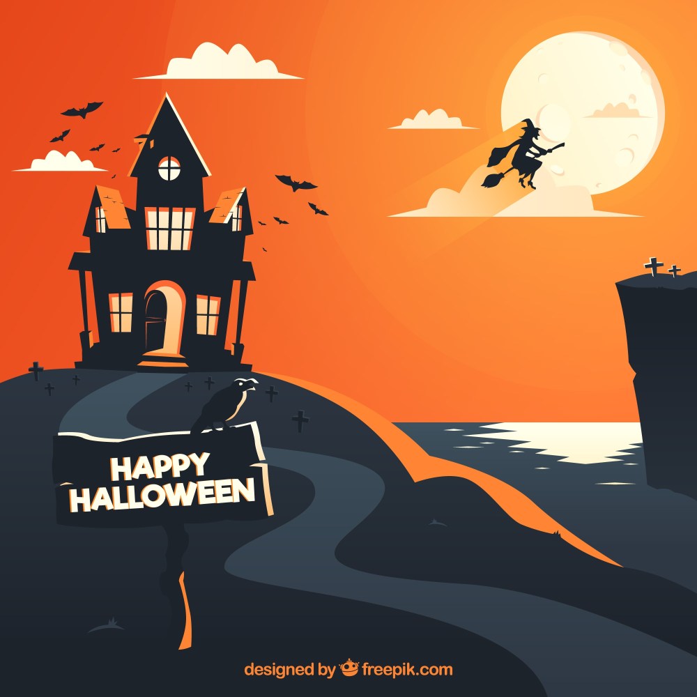 Enchanted house background and witch flying 