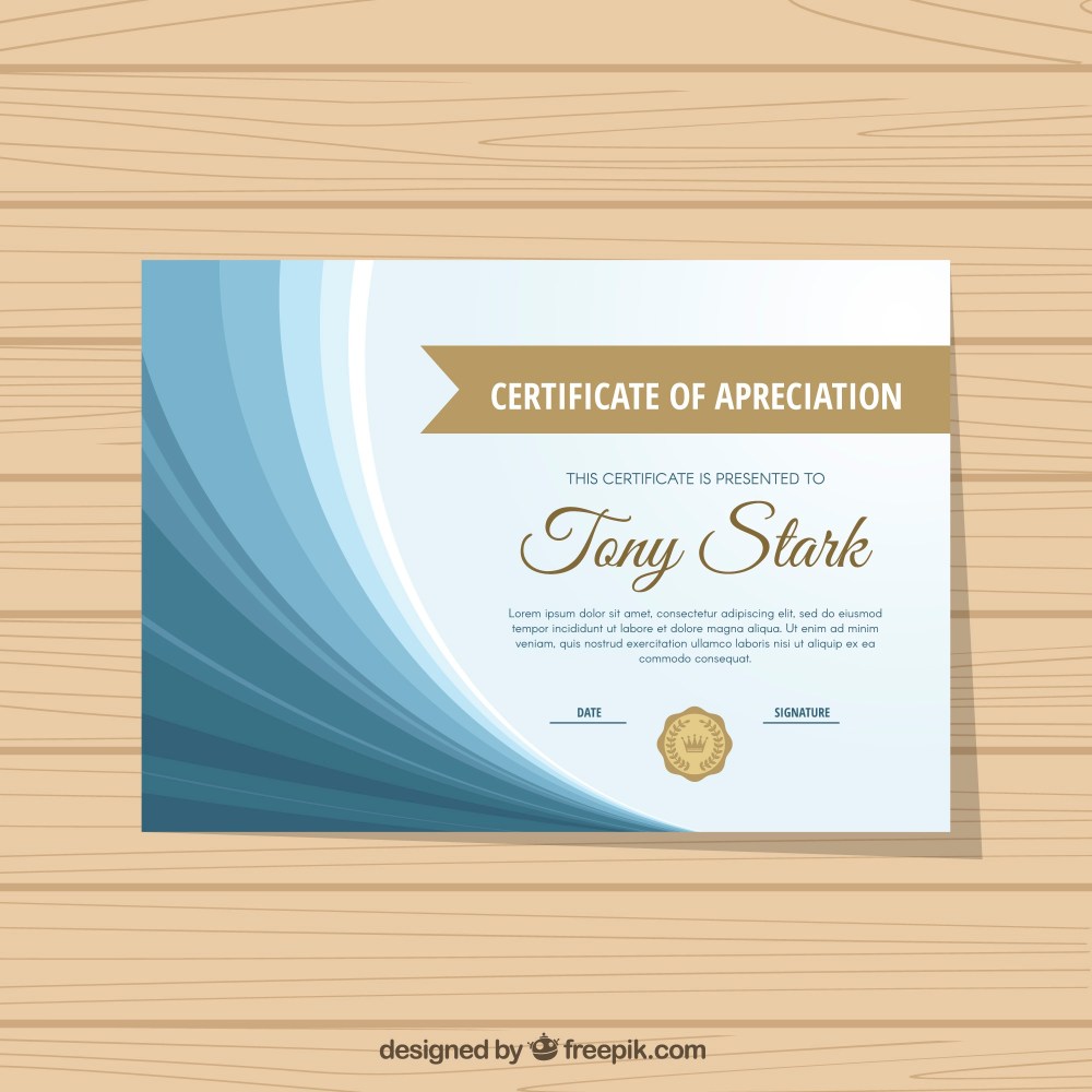 Excellence certificate with blue wavy forms