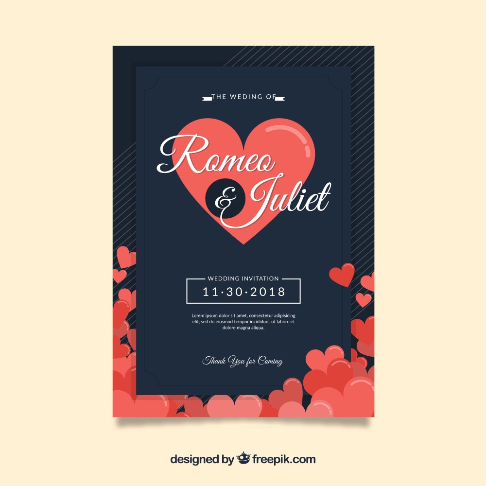 Flat black wedding invitation with hearts