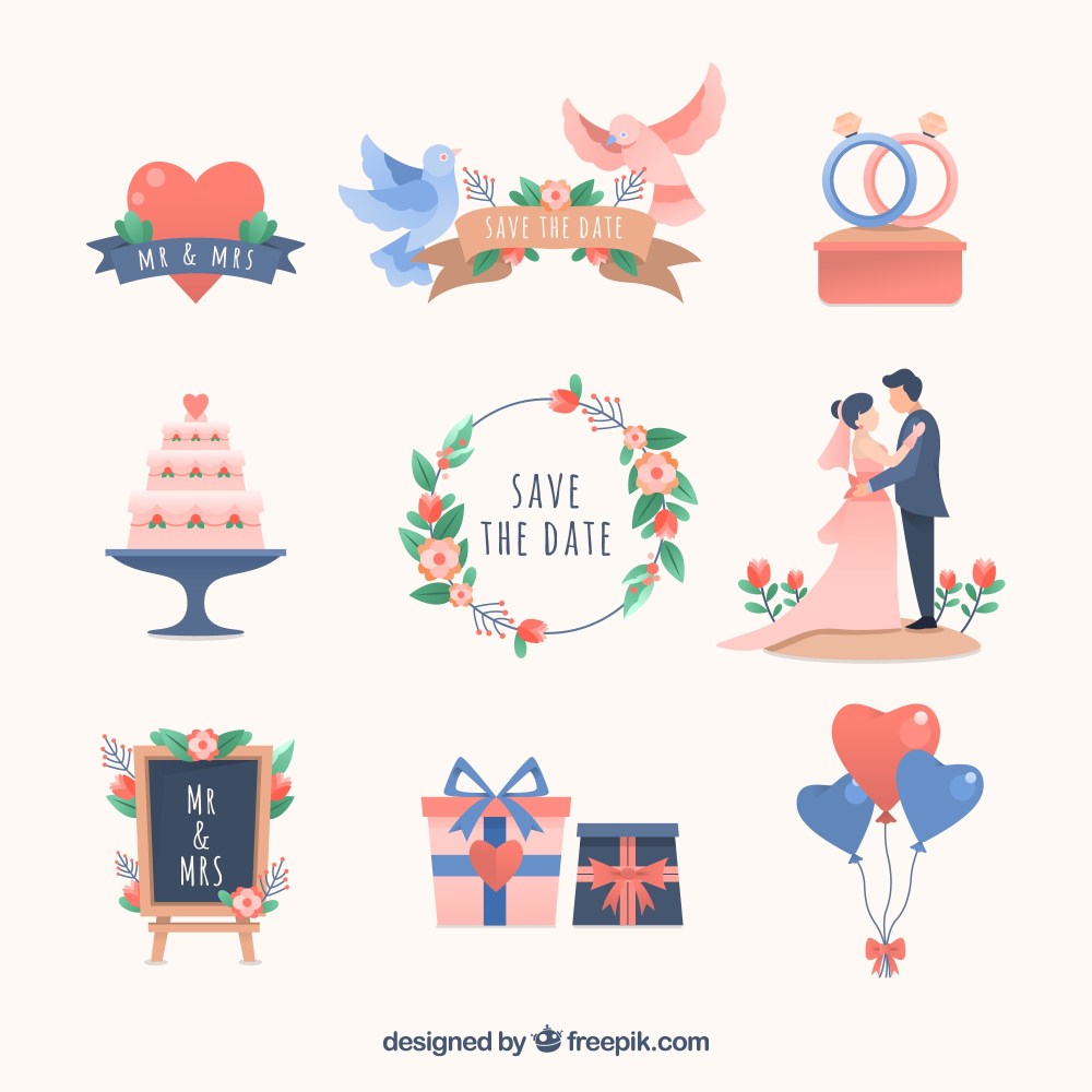 Flat design wedding elements collection