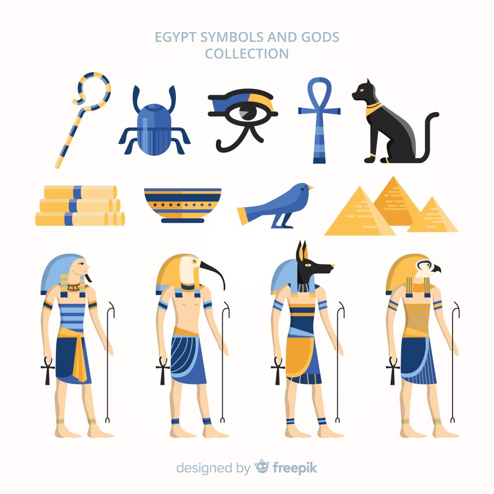 Flat egyptian symbols and gods collection