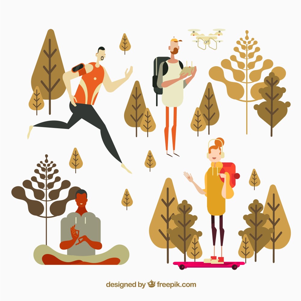 Flat people doing outdoor activities