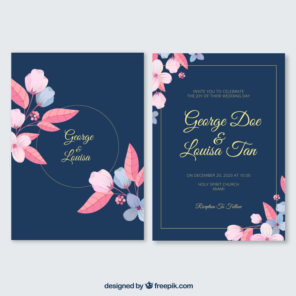 Flat wedding invitation with a floral frame