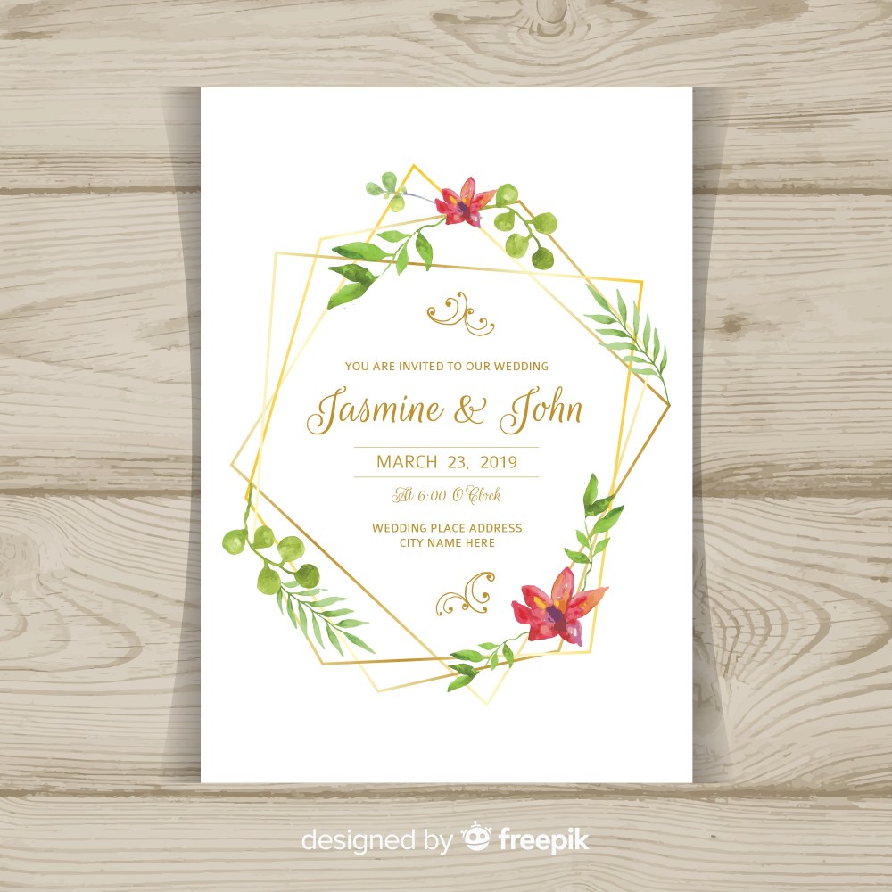 Floral wedding invitation with golden frame