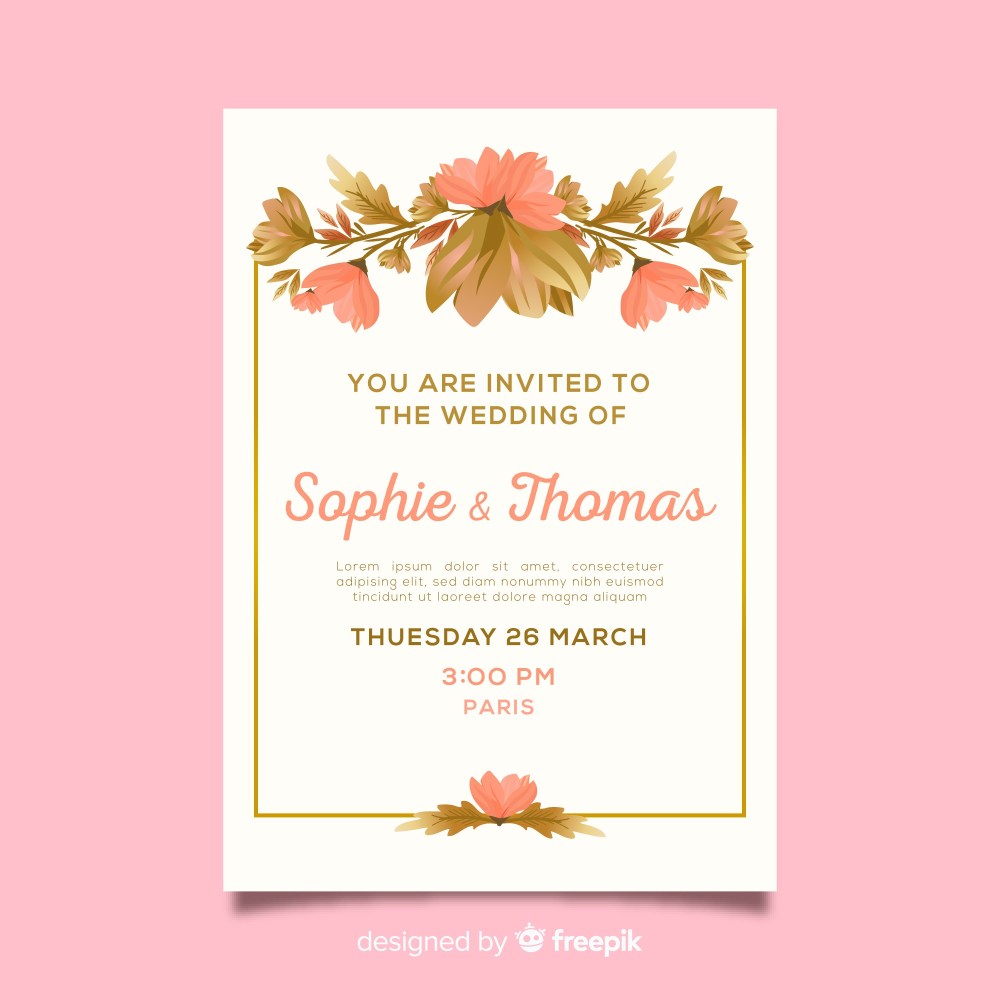 Floral wedding invitation with golden frame