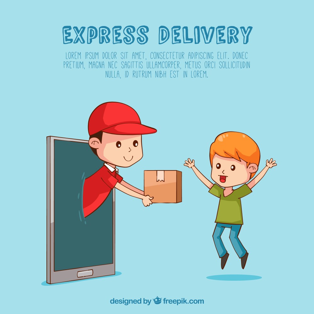 Hand drawn deliveryman and happy kid