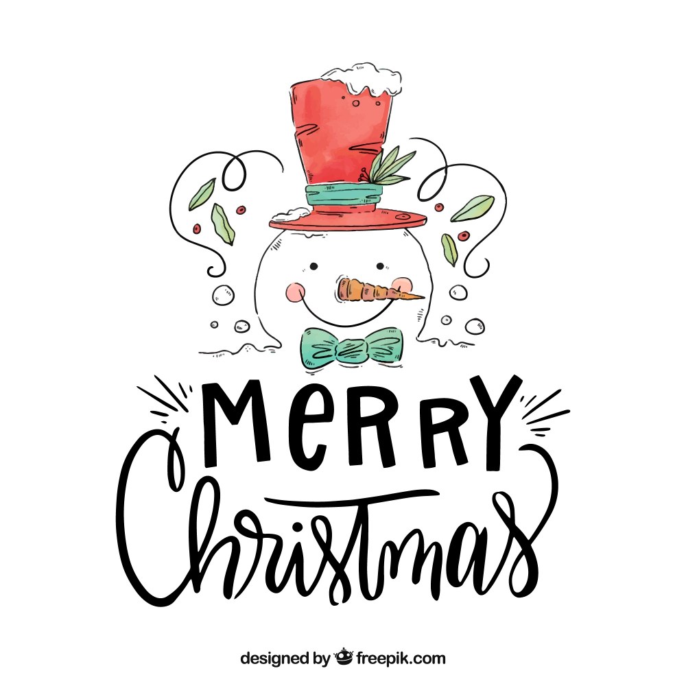 Hand drawn merry christmas with snowman