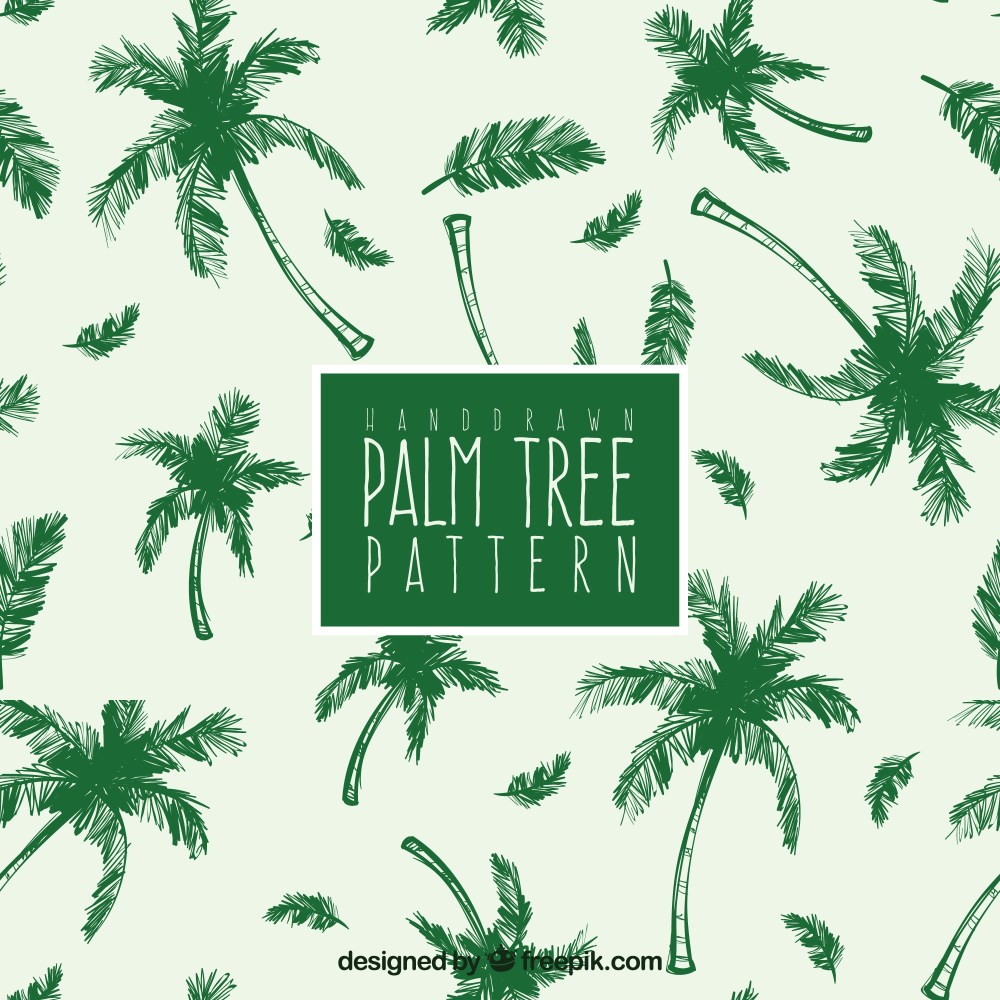 Hand-drawn pattern with green palm trees