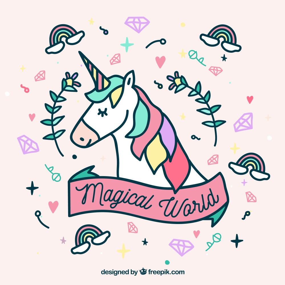 Hand drawn unicorn face and cute elements