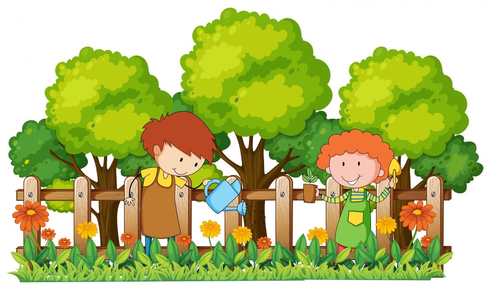 Happy children watering plants in garden